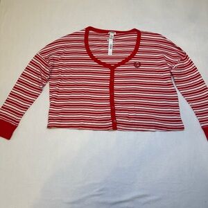 PINK Thermal Body Boxy Cardigan Red White Stripe Size Large New with Tags